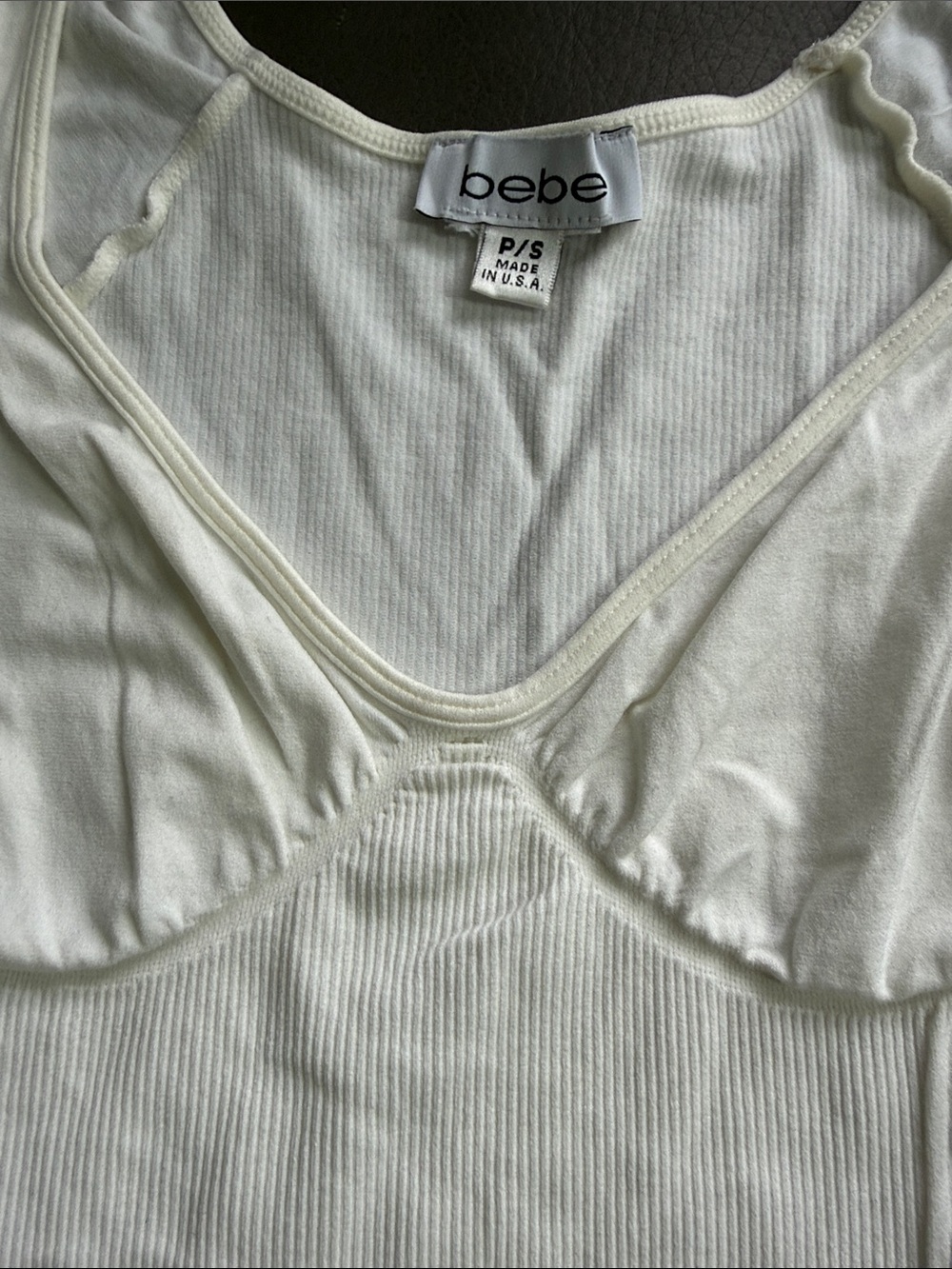 bebe Off-White Short Sleeve Ruched Ribbed Knit Top - Picture 3 of 5